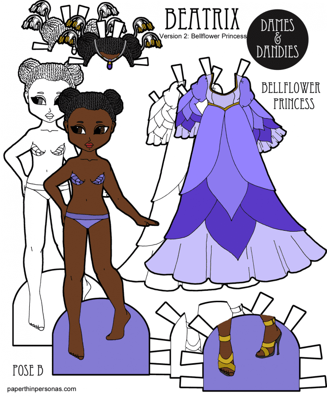 A beautiful black princess paper doll with braids and a ballgown inspired by the bellflower. She can wear any of the B Pose paper doll clothing from Paperthinpersonas.com. 