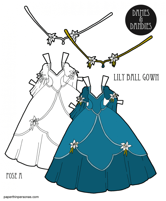 A paper doll princess dress inspired by lillies. The dress has a wide skirt and two layers over it. The skirt and crown are decorated with lillies.