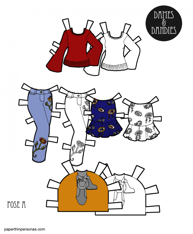 Trendy winter clothing for paper dolls with a sweater, and two different bottoms.