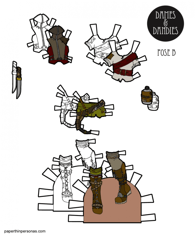 A set of mix and match post-apocalyptic paper doll clothing to print and play with for the paper dolls of Paper Thin Personas. Unique printable paper doll designs!