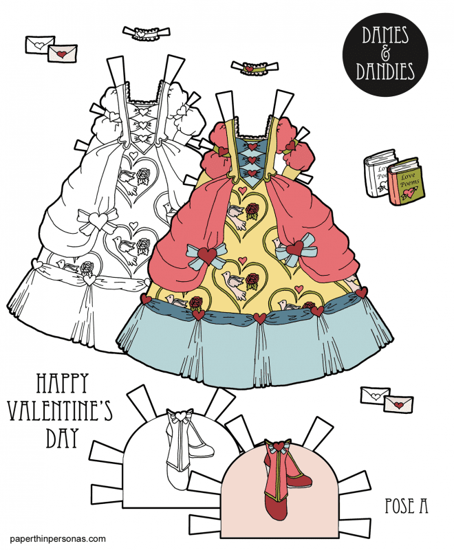 A beautiful Valentine's Day paper doll dress inspired by the 18th century with a full skirt and puffed sleeves. Available in color or black and white for coloring from paperthinpersonas.com.
