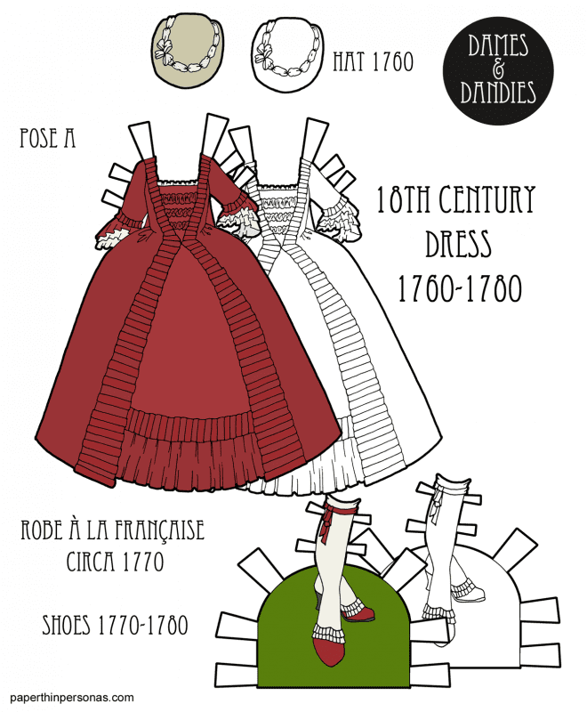 An 18th century paper doll dress based on a 1770 Robe à la Française with a hat and matching shoes in black and white or color.
