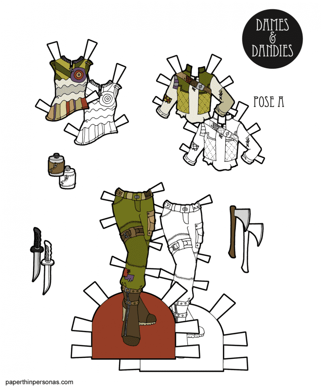 A set of post-apocalyptic fashions for the A Pose paper dolls in color or black and white.
