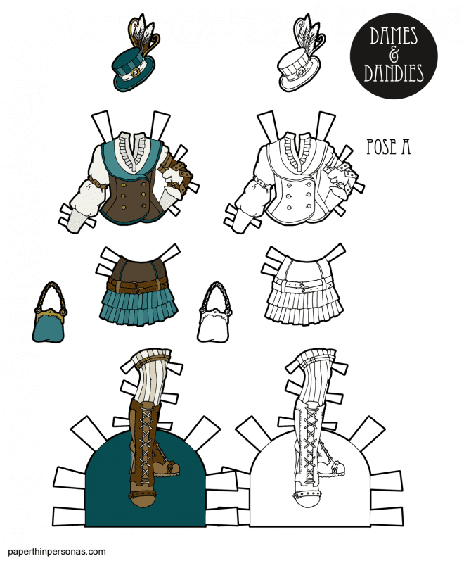 A set of steampunk style paper doll clothing designs consisting of a vest over blouse, a skirt with pleated details, boots, stockings, a purse and matching hat in browns and teals or in black and white for you to color any way you like.