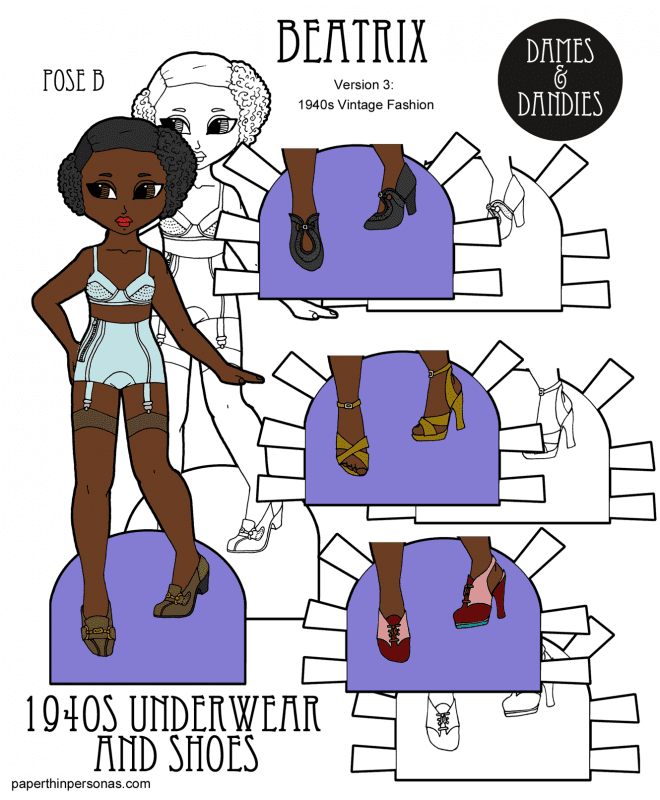 A printable paper doll in black and white and in color with 1940s period underwear and four pairs of shoes. The paper doll is a young black woman with period 1940s underwear, shoes and hair. She has three other pairs of shoes to wear.