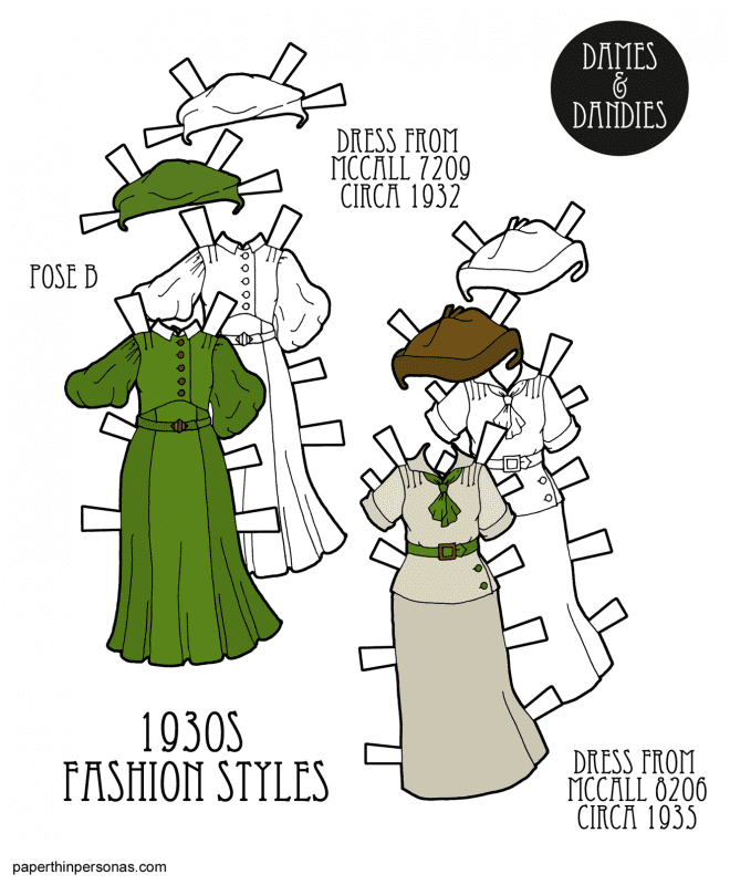 A pair of 1930s paper doll dresses based on 1930s sewing pattern covers in color or in black and white for coloring. Along with the two dresses, there are two hats.