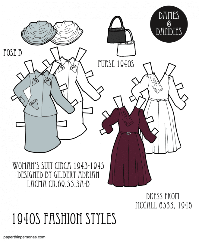 A pair of 1940s dresses for the printable paper dolls from paperthinpersonas.com. On the left, there is a suit from Adrian dated to 1943-1945 and on the right a dress from McCall's sewing patterns from 1946. Available to print in color or black and white. 
