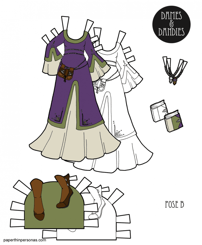 Today's paper doll dress is a fantasy dress design with a surcoat over a under-dress in black and white or in color. The accessories are a pair of boots, a book and a necklace. 