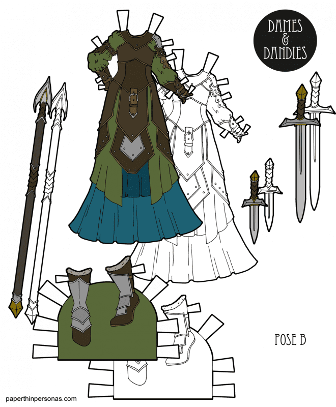 A fantasy gown under laters of leather fantasy armor for the B Pose paper dolls. Printable paper doll dress in black and white or in color. 