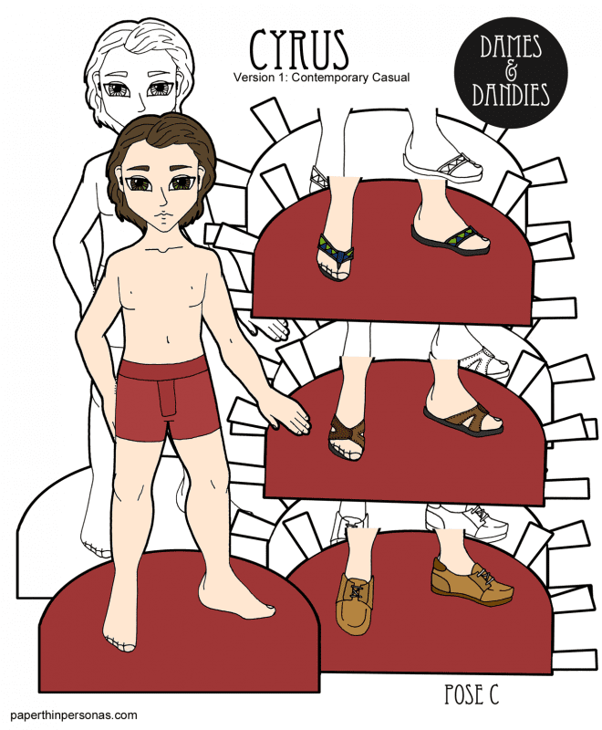 A white male paper doll with longish brown hair with three pairs of shoes to print in color or black and white. He can wear any of the clothing from the C Pose paper doll series.