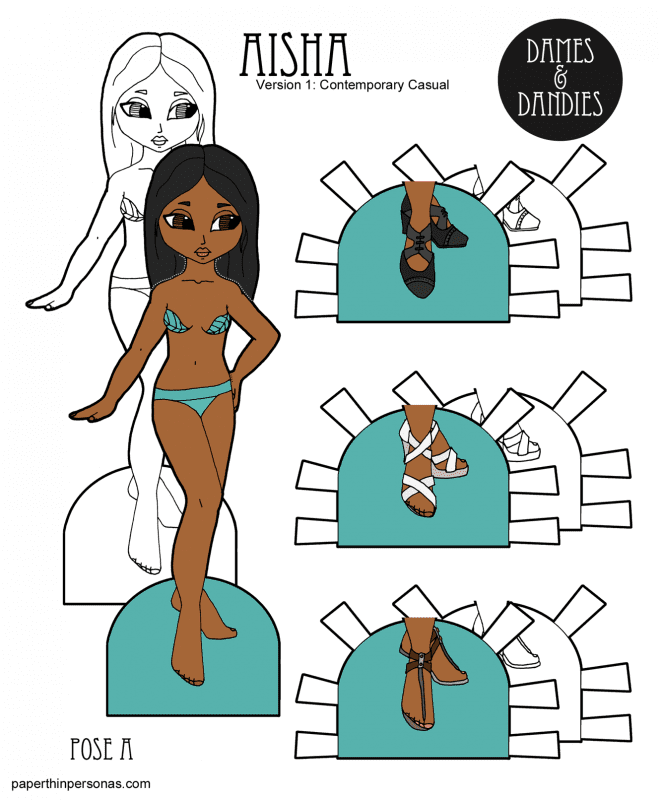 A printable paper doll named is Aisha and she's free to print in color or black and white from paperthinpersonas.com