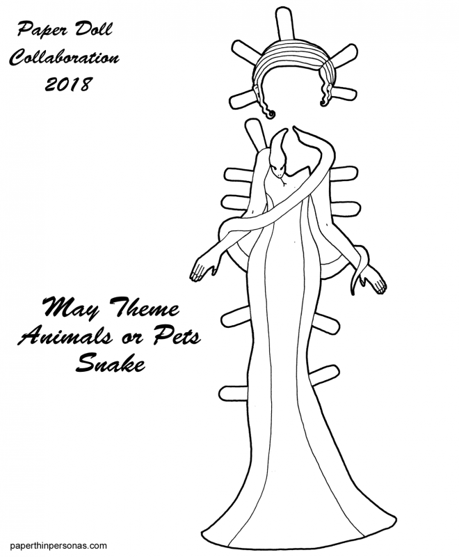 A paper doll clothing coloring page featuring an evening gown and snake wrapped around the paper doll's shoulders. Part of the 2018 paper doll collaboration.