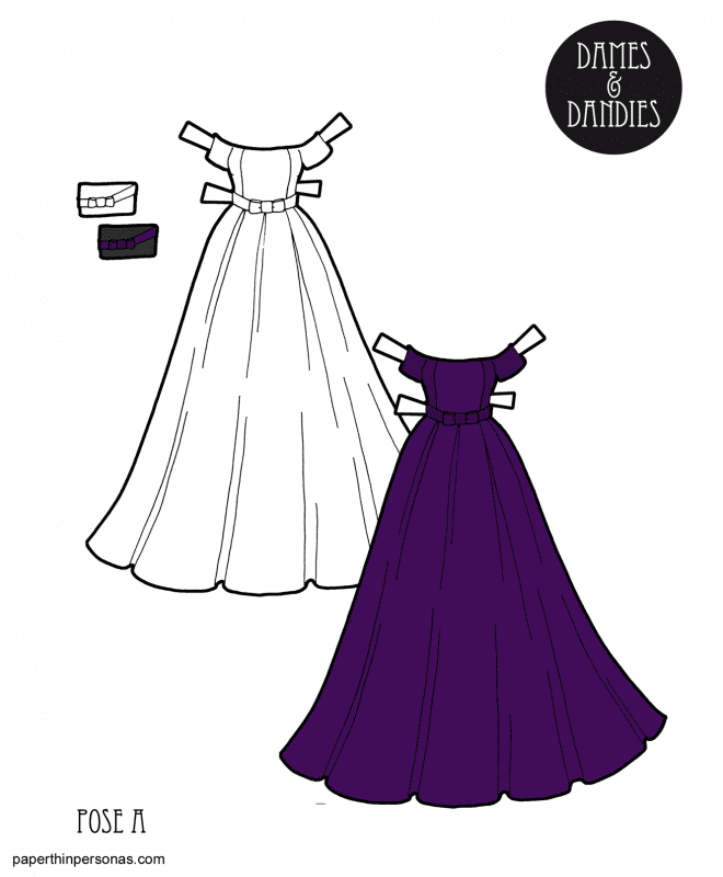 An elegant purple evening gown for the A pose printable paper dolls. 