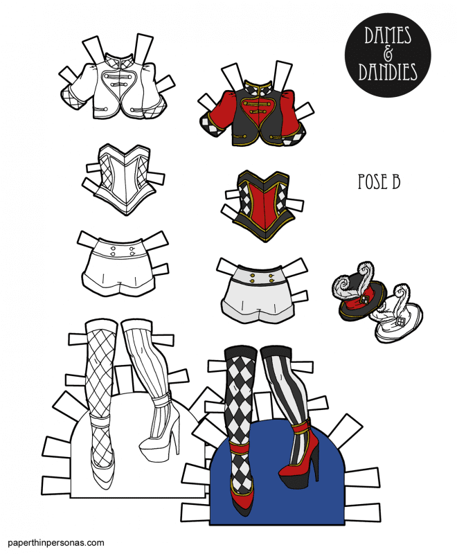 I love circuses. So, today's printable paper doll clothes are inspired by the shapes and colors of the circus. Free to print in color or black and white for coloring.