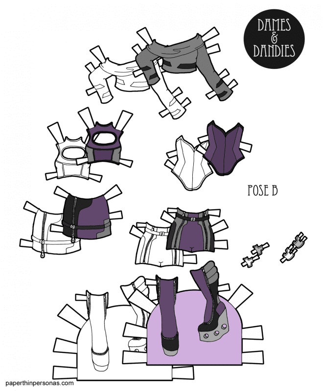 A set of sci-fi paper doll clothing for the Dames and Dandies paper dolls. 