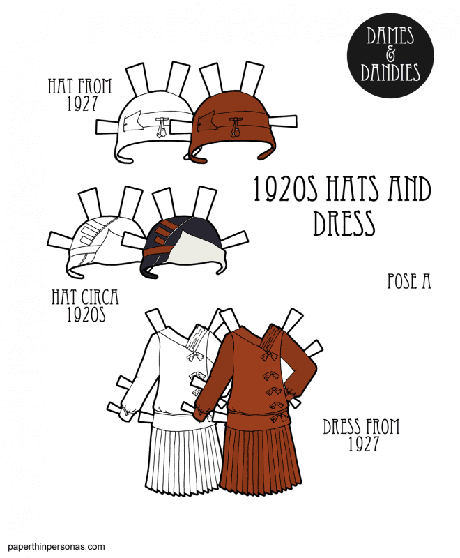 A 1920s paper doll dress with hats for the Dames and Dandies paper doll series. The dress has a dropped waist, side bows and a pleated skirt. The hats are both cloches. The designs come from 1927. 