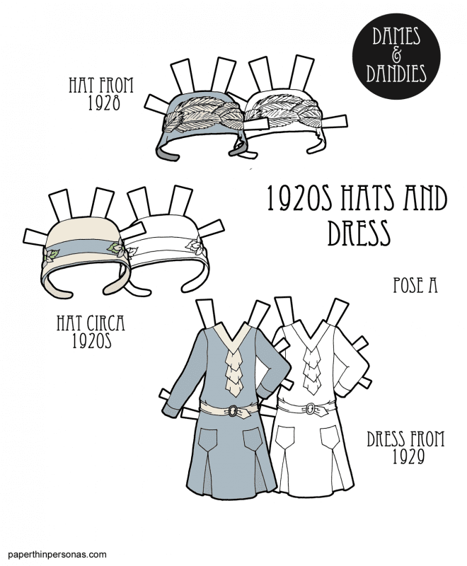 A paper doll dress from 1929 with two different cloche style hats. 