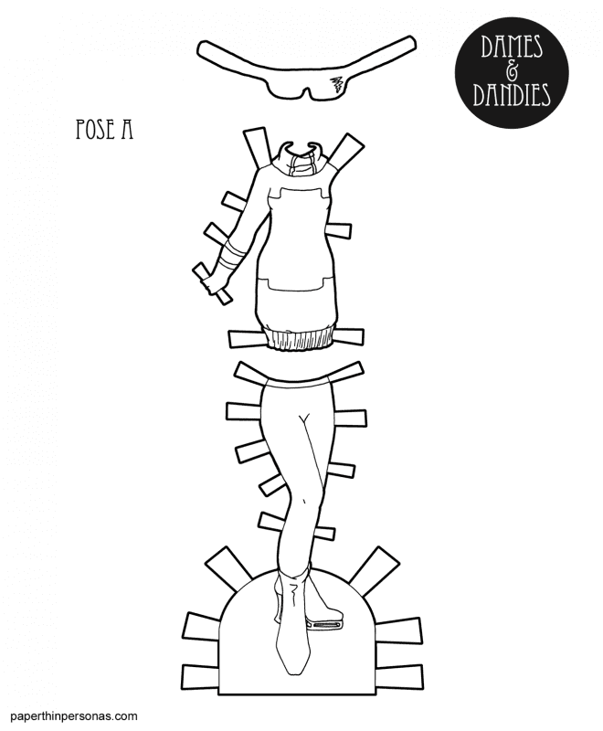 A printable paper doll clothing coloring page featuring a sci-fi inspired sweater dress, sunglasses, tights and boots. 