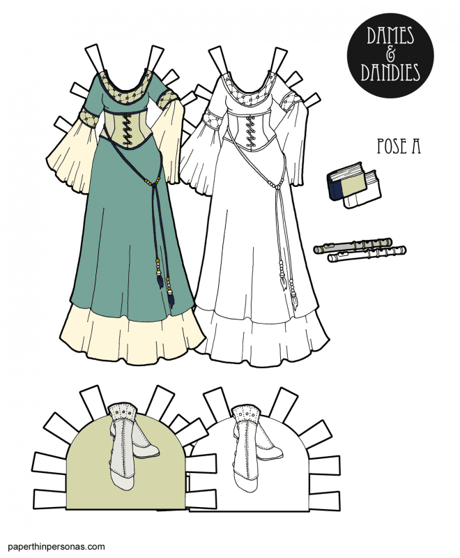 A fantasy paper doll dress to print inspired by medieval gowns and Lord of the Rings.