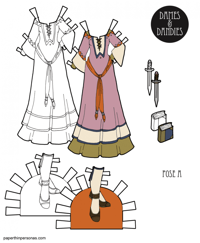 A Fantasy Medieval Princess gown for the A Pose printable paper dolls with matching shoes. The gown has an under-gown with long sleeves and an over-gown with flared sleeves. The shoes have attached stockings with garters at the top.