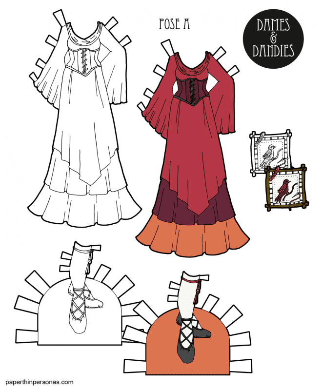A fantasy maiden gown for a paper doll in sunset colors with accessories from paperthinpersonas.com. 