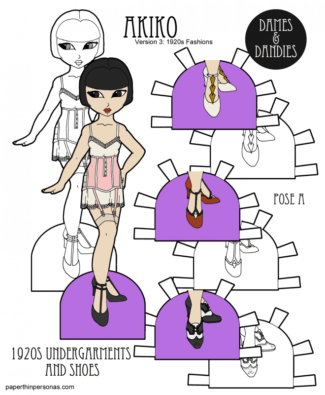 A set of 1920s underwear and shoes for an Asian paper doll named Akiko. She's free from print in color or black and white for coloring. 
