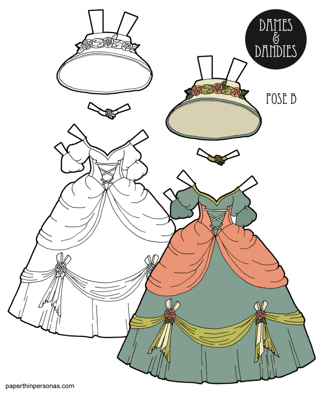 A fantasy princess paper doll dress with matching hat decorated with roses and ribbons. Available to print in color or as a paper doll coloring page. 