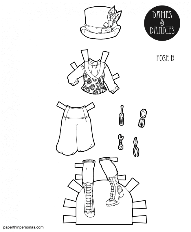 A steampunk coloring page featuring paper doll clothing for the B Pose paper dolls from paperthinpersonas.com. 