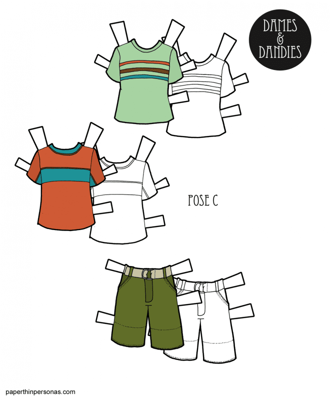Paper doll men's clothing. Shorts and two t-shirts with stripes. Free to print in color or black and white from paperthinpersonas.com. 
