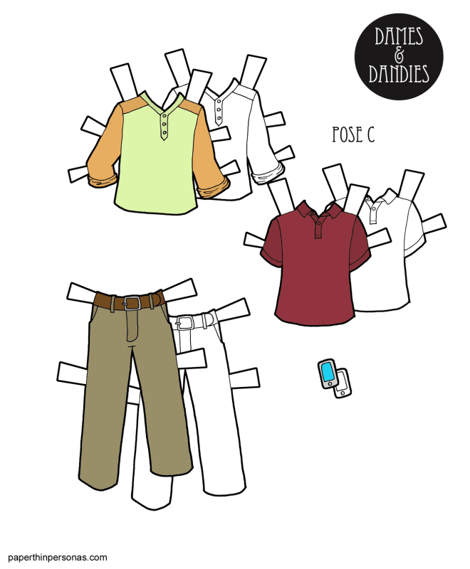 A set of casual clothing for the guy paper dolls consisting of a pair of slacks, Henley shirt and polo. Also a cell phone accessory. Free to print from paperthinpersonas.com. 