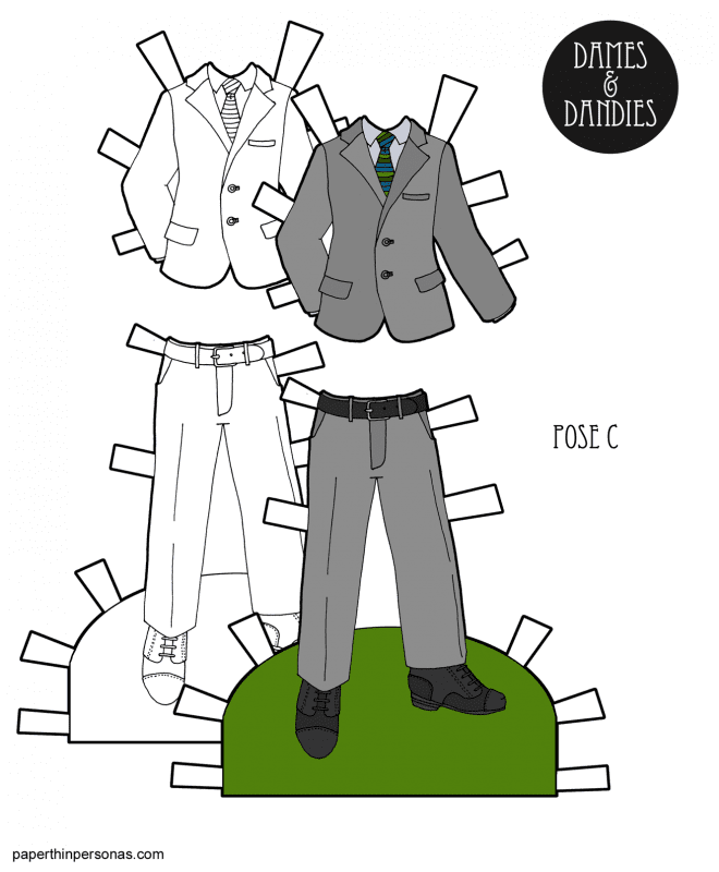 A suit for a paper doll man to print in color or black and white from paperthinpersons.com. In color, the suit is grey with a multi-colored striped tie.