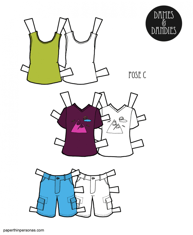 A summery set of guy paper doll clothing with cargo shorts, a tank top and t-shirt. Free to print in color or black and white for coloring!