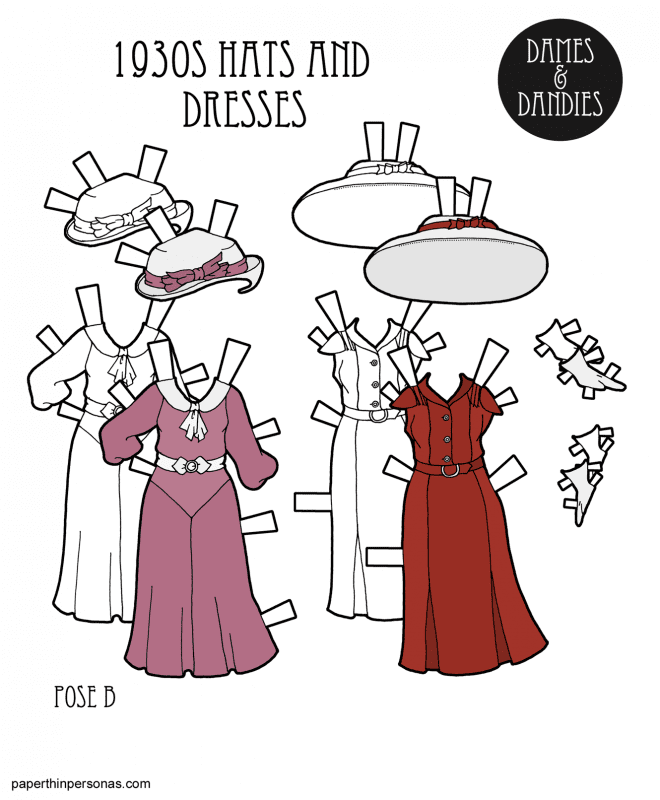 A pair of 1930s paper dolls dresses with matching hats based on the designs from home sewing patterns. The dress on the left is from the early 1930s and the dress on the left is from the mid-1930s. Both dresses have matching hats. 