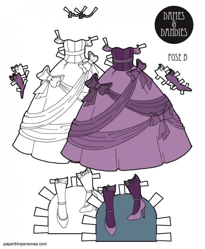 A fantastic bow covered princess ball gown for the paper dolls from paperthinpersonas.com in purple or black and white for coloring with matching gloves, jewelry and shoes. 