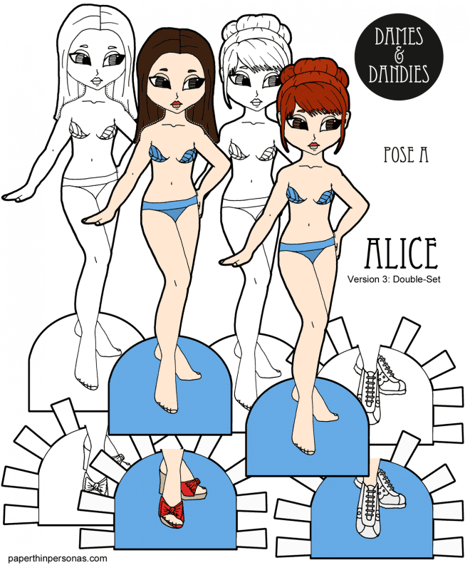 A pair of printable paper dolls. The paper doll on the left is brunette with green eyes and fair skin. The paper doll on the right is a redhead with brown eyes and fair skin. Both paper dolls can share clothing with any of the A pose paper dolls.