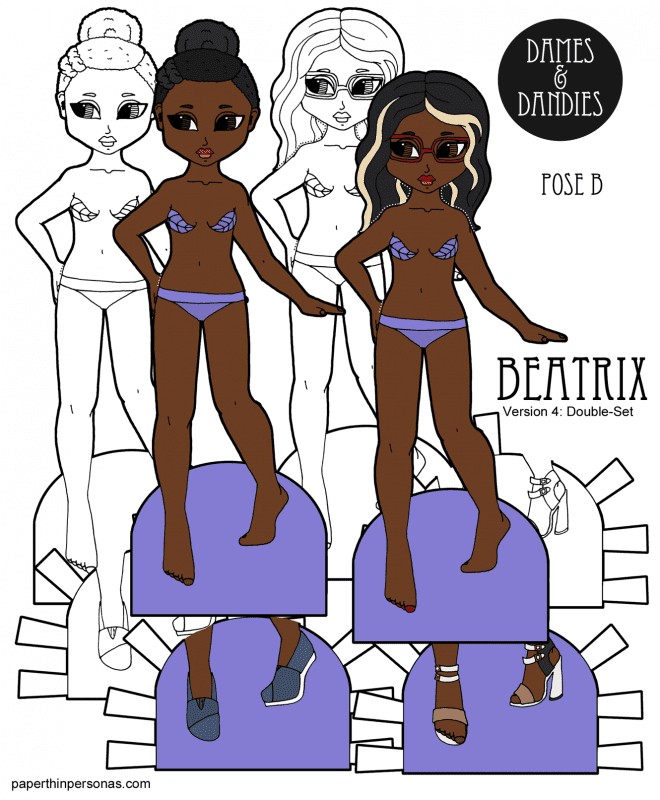 A pair of brown skinned paper dolls with shoes and different hair styles. They can wear any of the dresses designed for the B Pose paper dolls on the blog- paperthinpersonas.com. 