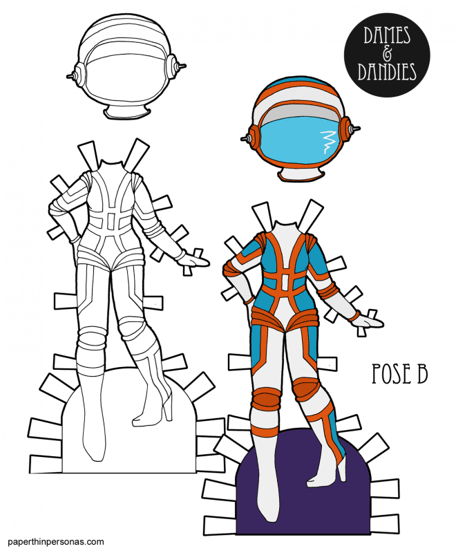 A retro astronaut paper doll inspired by the space age fashions of the late 1960s. High heeled boots can be spacewear, right? 
