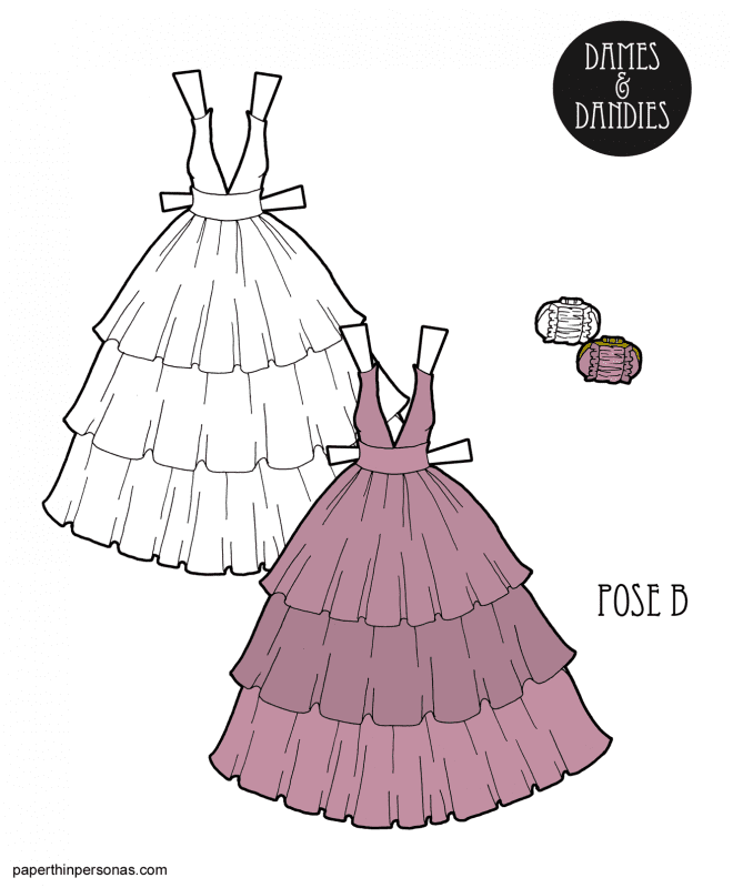 An evening gown for the B Pose paper dolls based on a design from the Marchesa Pre-Fall 2016 collection. The gown has a deep v neckline and a tiered skirt. There is a matching clutch. 