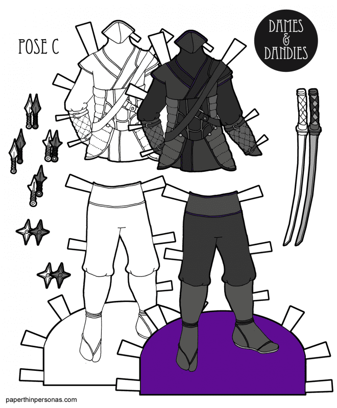 A printable paper doll ninja costume design from paperthinpersonas.com.