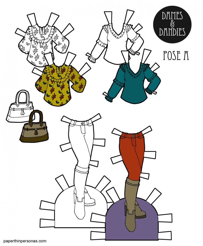 A set of autumn dress up doll fashions with a blouses and boots. Free to print in color or black and white as a coloring page. 