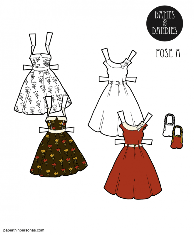 A pair of retro rockabilly inspired dresses with a matching purse to print and dress up some paper dolls in. 
