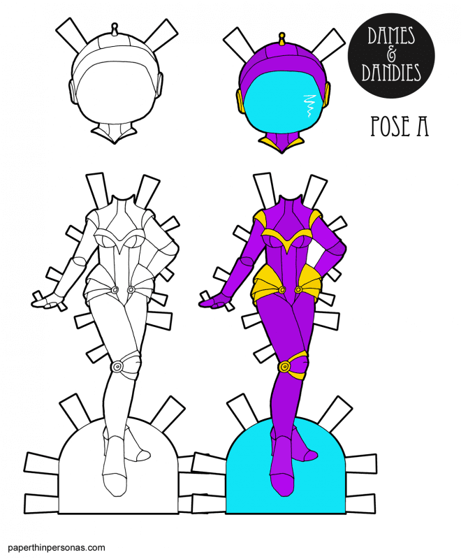 A retro astronaut paper doll outfit inspired by retro futuristic fashions of the 1950s through the 1970s. Printable in color or black and white for coloring.