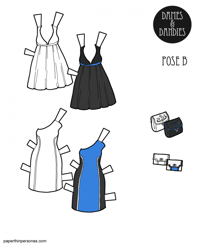 A pair of paper doll cocktail dresses to print and dress up the paper dolls in for all the paper doll parties they might need to attend.