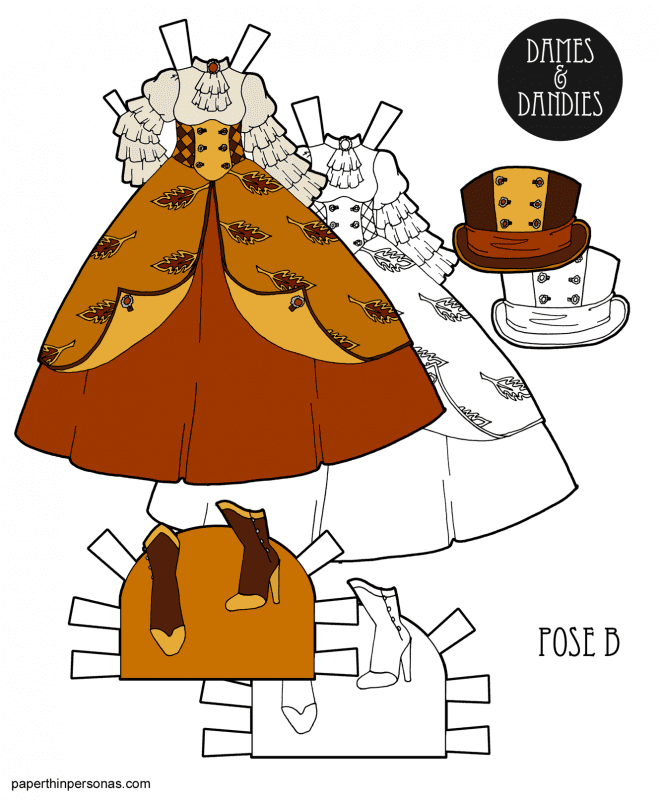 This Princess dress design for the paper dolls features buttons, autumn motifs and colors. There's a steampunk princess element as well with the top hat and boots. You can also print it in black and white for coloring if you wish.