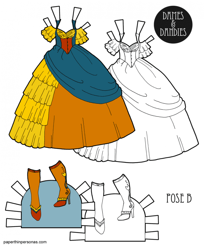 A fantasy princess gown with a ruffled over skirt and a draped skirt from paperthinpersonas.com. Also can be printed in black and white. 