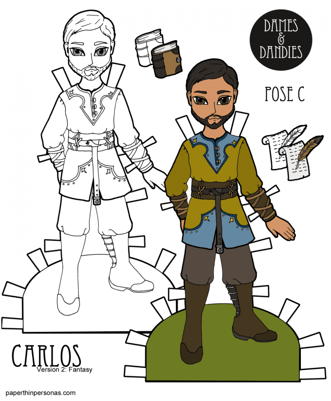 A paper doll man with a medieval inspired fantasy outfit to print in color or black and white for coloring. A great rainy day activity for kids.