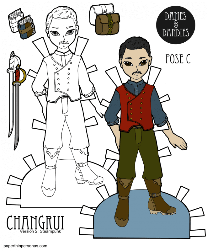 A new steampunk paper doll design featuring an Asian guy paper doll with accessories.