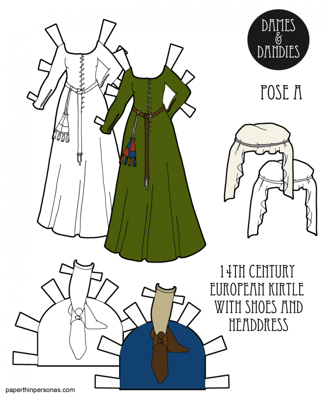 A 1300s kirtle for a paper doll with matching shoes and headdress from paperthinpersoas.com. A great way to teach kids history and a super fun coloring activity. 