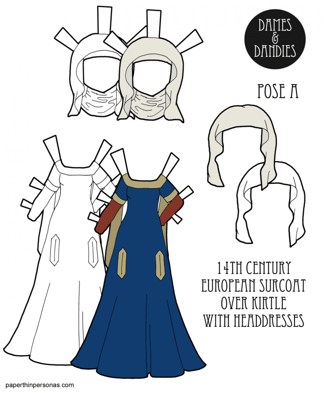 Dress up a paper doll in historically accurate 1300s clothing including a surcoat over a kirtle and two head-dresses. 