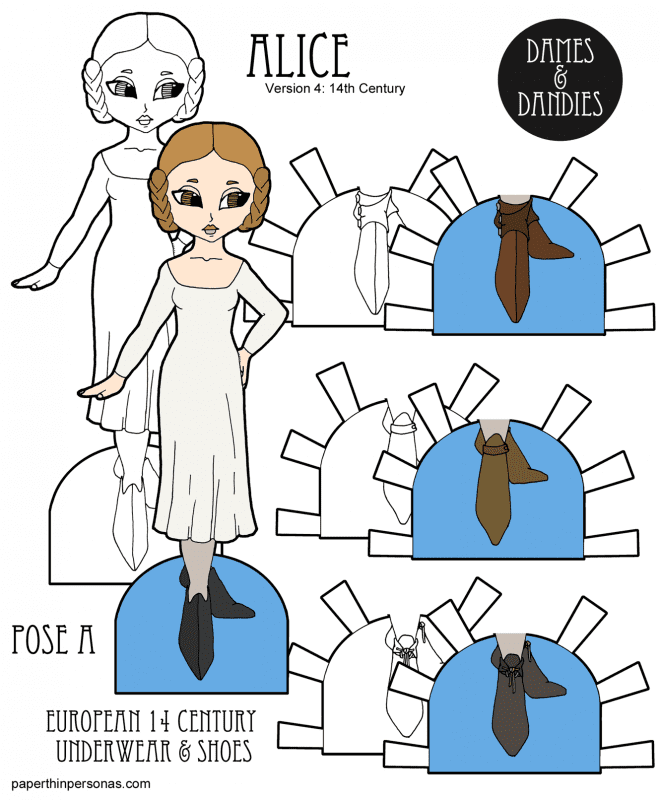 A historical paper doll with shoes and underwear from the 1300s. A great way to learn about 14th century women's clothing and teach history to kids!
